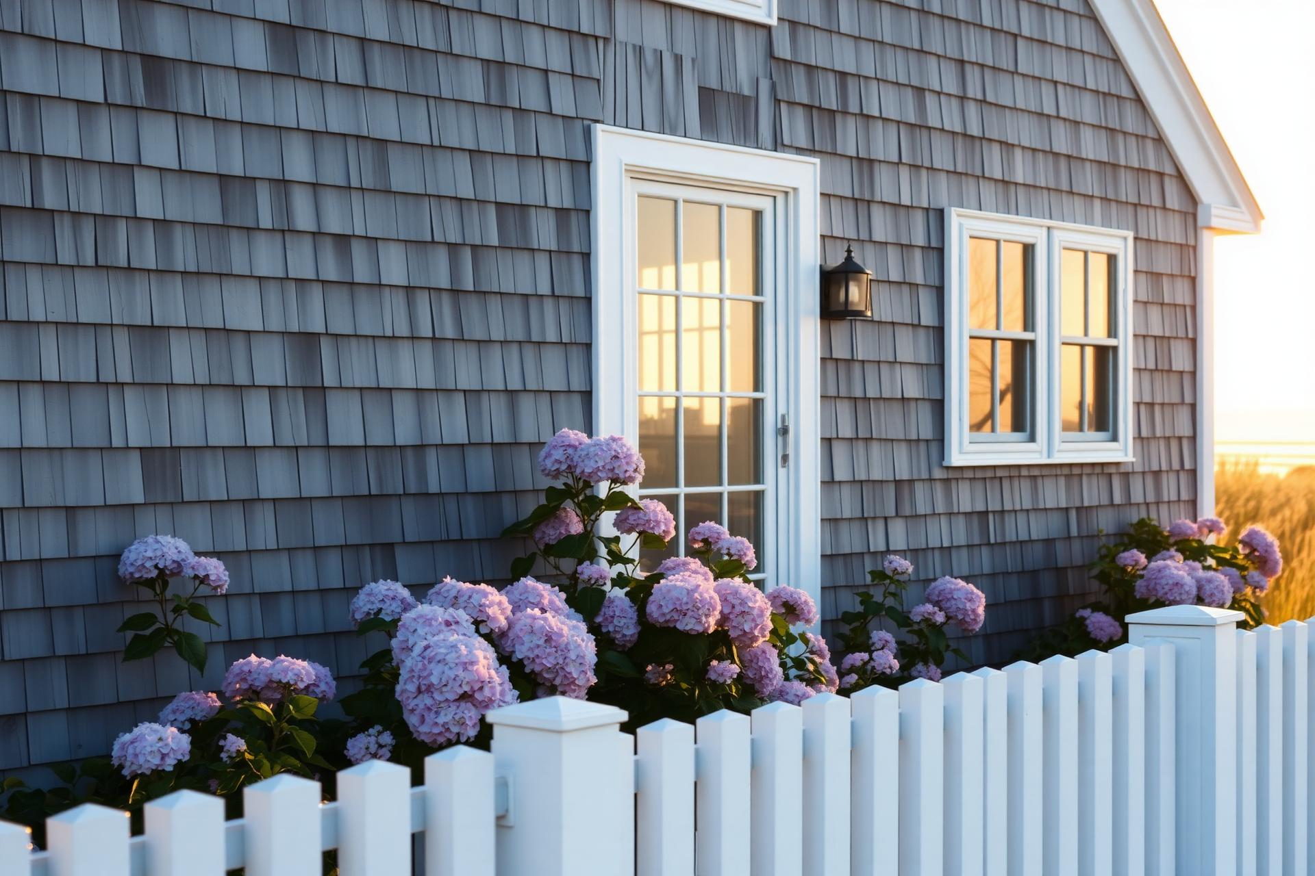 Cape Cod shingled home at golden hour